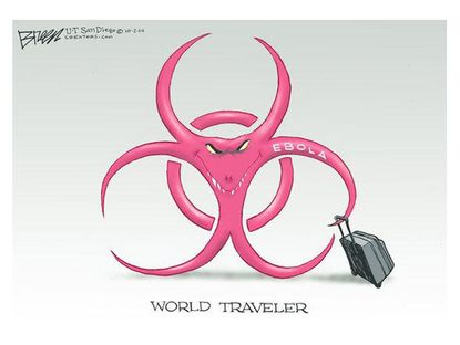 Editorial cartoon Ebola world traveler