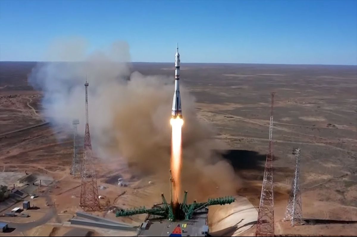 Russia&#039;s Soyuz MS-19 spacecraft, specially decorated to be filmed for a movie, launches for the International Space Station from Baikonur Cosmodrome in Kazakhstan on Oct. 5, 2021.