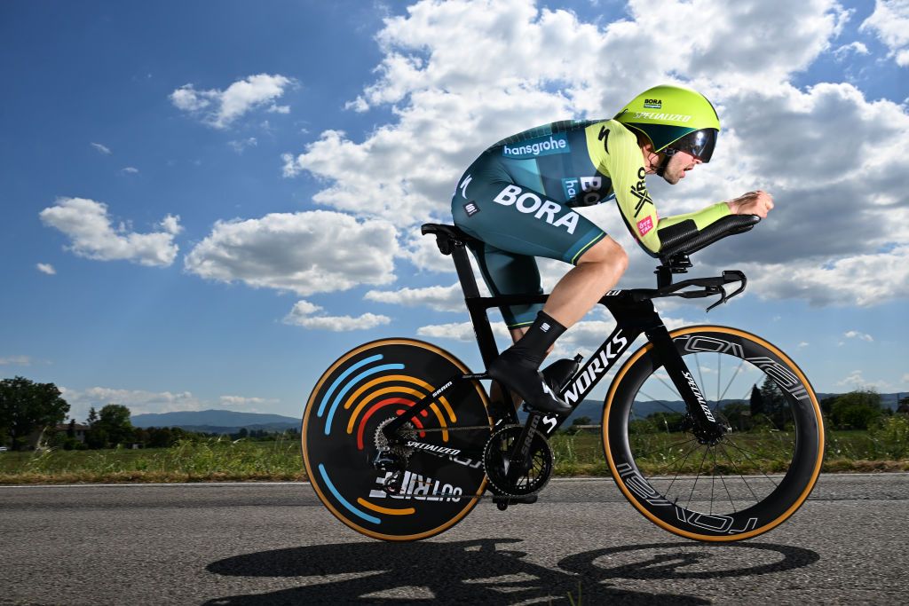 PERUGIA ITALY MAY 10 Maximilian Schachmann of Germany and Team BORA hansgrohe sprints during the 107th Giro dItalia 2024 Stage 7 a 406km individual time trial stage from Foligno to Perugia 472m UCIWT on May 10 2024 in Perugia Italy Photo by Tim de WaeleGetty Images