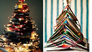 Book Christmas tree alternatives stacked and dressed with fairy lights