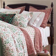 Red, green, and white bedding from Garnet Hill