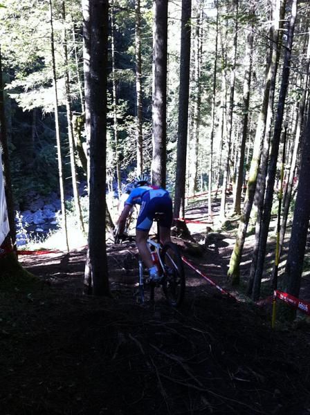 A rider flies over some roots in the Snake Pit. The light through the trees can make it more difficult to pick lines