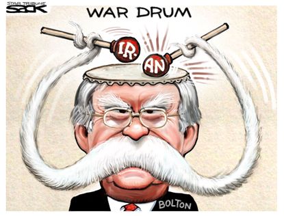 Political Cartoon U.S. Trump John Bolton war Iran warships armed forces