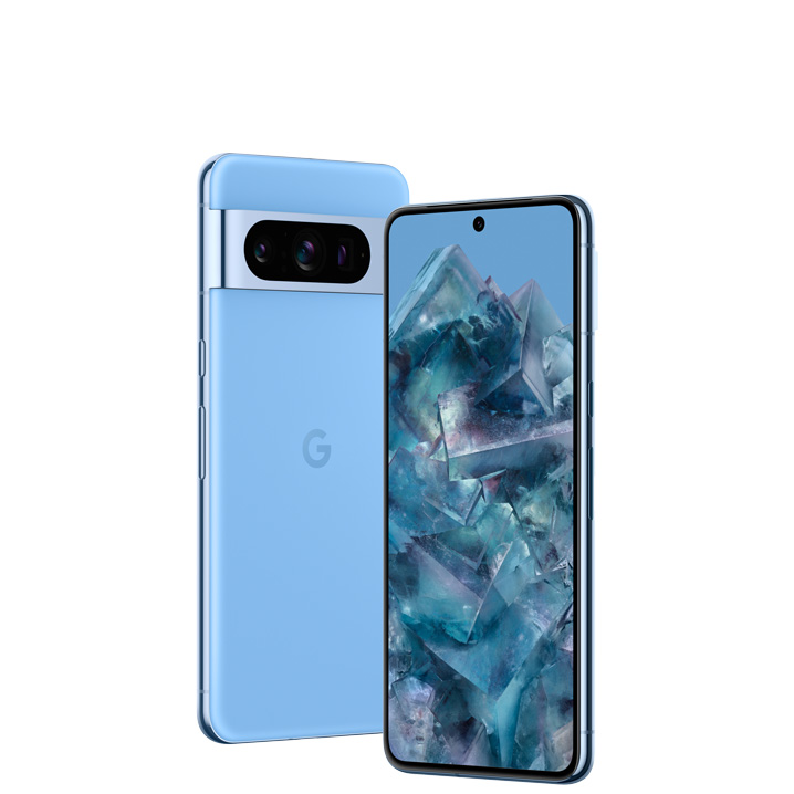 A product render of the Google Pixel 8 Pro in the Bay colorway