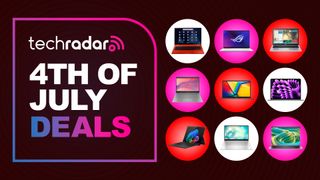 Collage of nine laptops next to TechRadar 4th of July sales badge