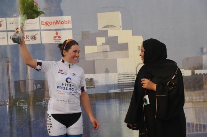 Chloe Hosking (Hitec Products) after winning stage 1 of the Ladies Tour of Qatar