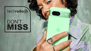 Google Pixel 8a in green with Don't Miss deals text