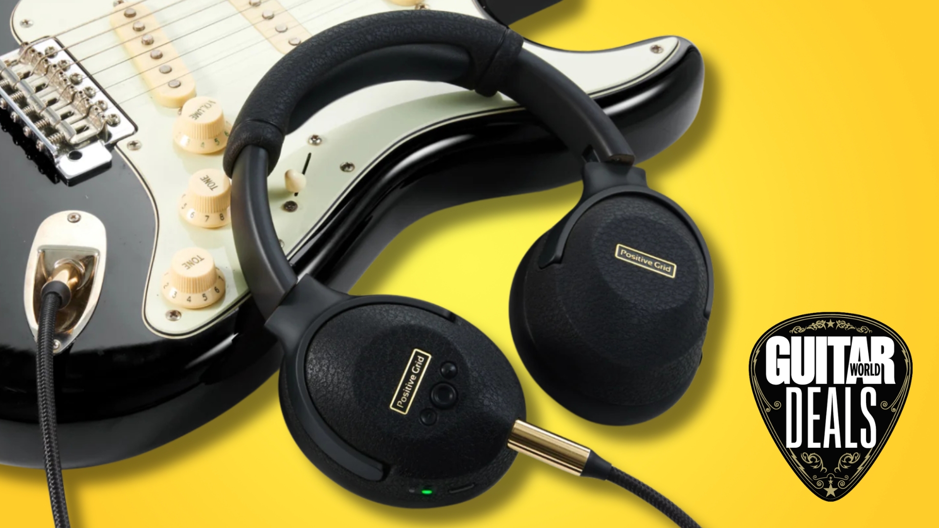 A pair of Positive Grid Spark Neo Core headphones on a yellow background with the Guitar World deals logo in the corner