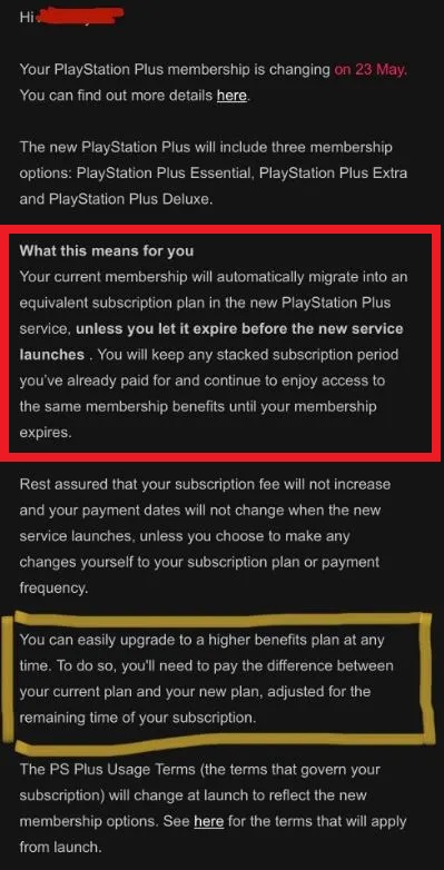Screenshot of a PlayStation Plus customer service email highlighting text that says paid stacked subscriptions will be honored