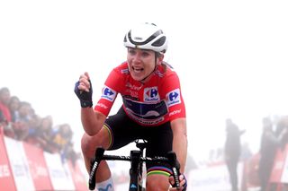 Annemiek van Vleuten atop the Lagos de Covadonga as winner of the Vuelta Femenina 2023