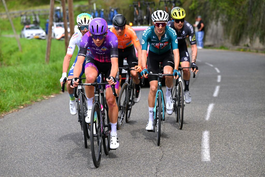 KANBO FRANCE APRIL 02 LR Jetse Bol of The Netherlands and Team Burgos BH and Ivan Cobo of Spain and Team Equipo Kern Pharma compete in the breakaway during the 63rd Itzulia Basque Country 2024 Stage 2 a 160km stage from Irun to Kanbo UCIWWT on April 02 2024 in Kanbo France Photo by Tim de WaeleGetty Images