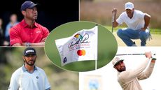 Tiger Woods, Brooks Koepka, Max Homa, Tony Finau and an Arnold Palmer Invitational flag blowing in the wind