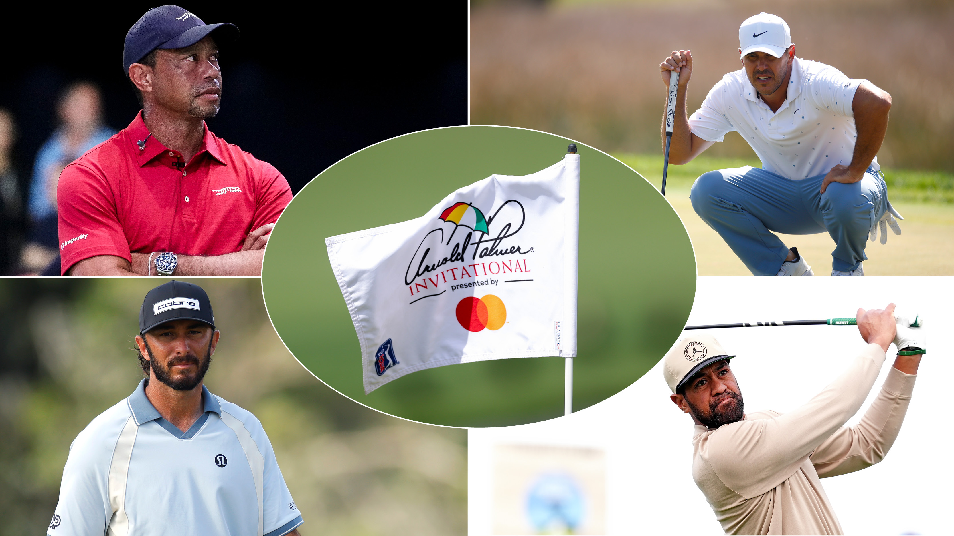 Tiger Woods, Brooks Koepka, Max Homa, Tony Finau and an Arnold Palmer Invitational flag blowing in the wind
