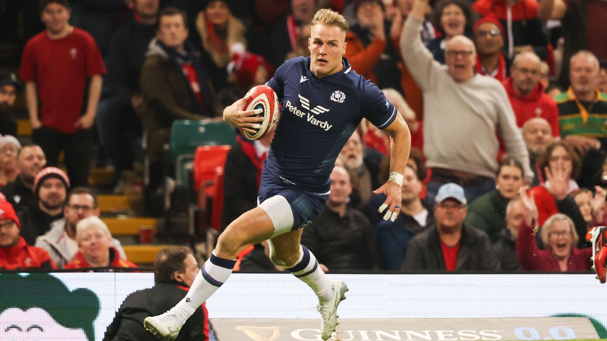  Scotland&#039;s Duhan Van Der Merwe scores a second half try ahead of the Scotland vs France Six Nations 2024 round 2 match.