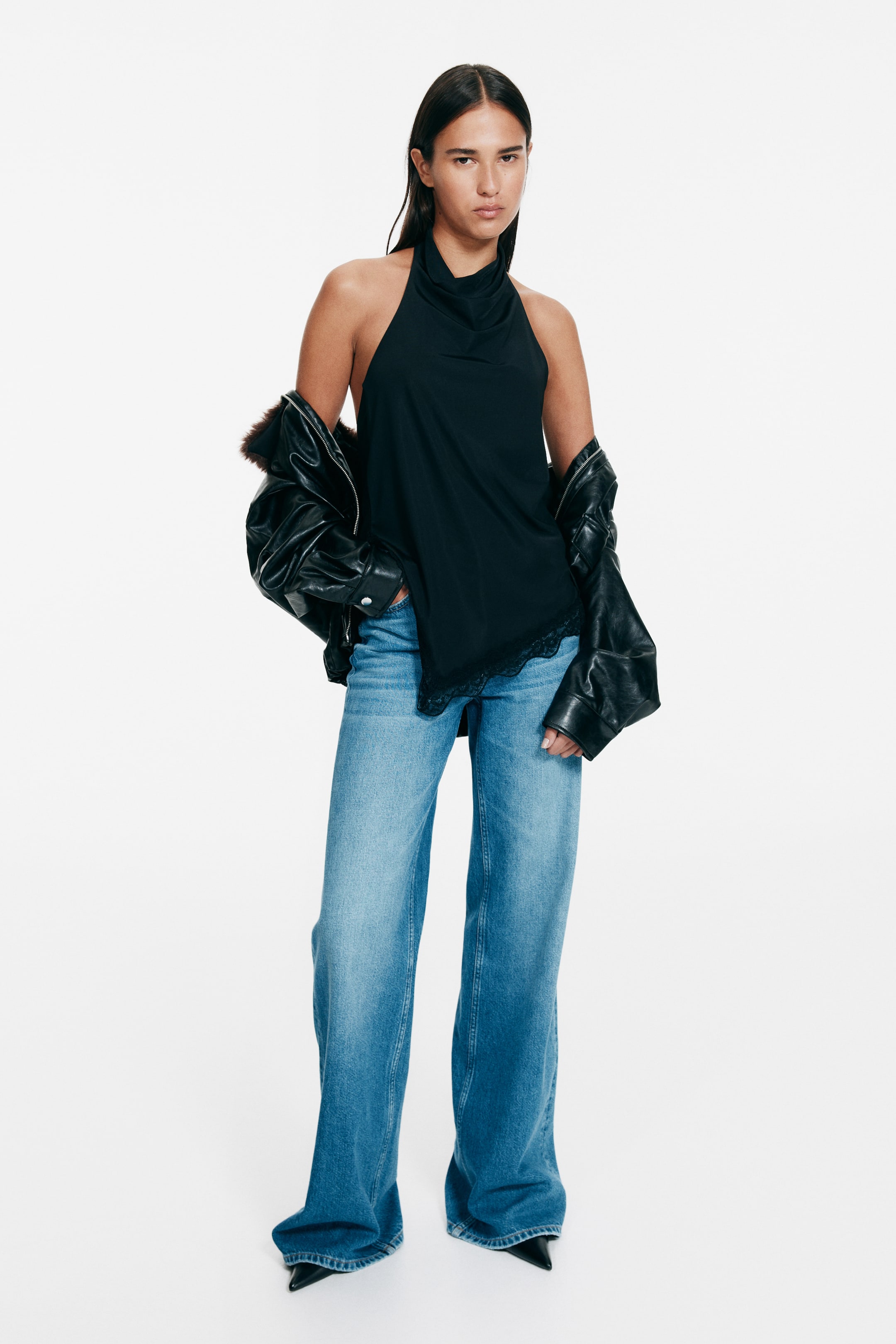 Lace-Trimmed Halterneck Top - Black