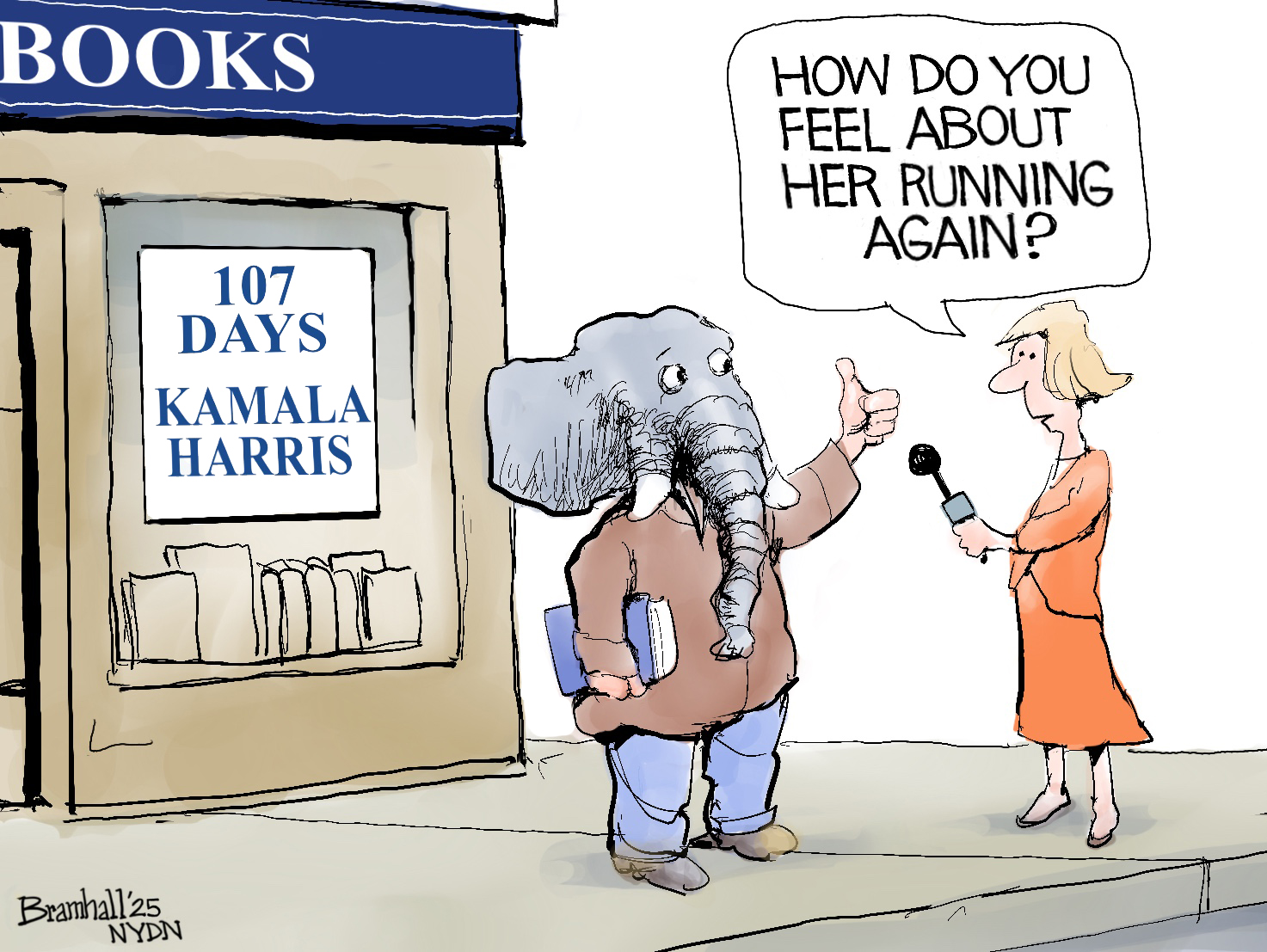 This cartoon depicts a reporter interviewing an elephant outside a bookstore that sells Kamala Harris&amp;rsquo; &amp;ldquo;107 Days&amp;rdquo; book. The elephant has a copy of the book and gives a thumb&amp;rsquo;s up when asked by the reporter, &amp;ldquo;How do you feel about her running again?&amp;rdquo;