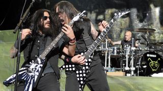 Robb Flynn (L) and Phil Demmel of Machine Head perform as part of the Rockstar Energy Mayhem Festivals at Shoreline Amphitheatre on July 10, 2011