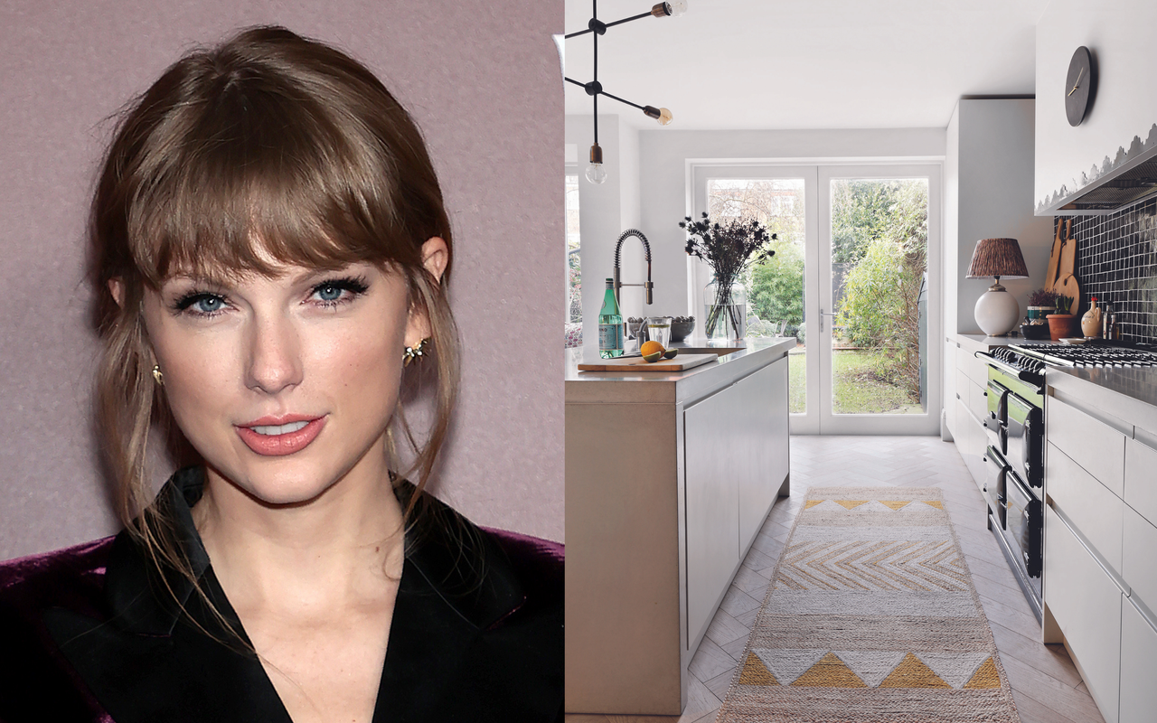 A split image with a headshot of Taylor Swift looking at the camera and a picture of a kitchen with a patterned runner