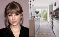 A split image with a headshot of Taylor Swift looking at the camera and a picture of a kitchen with a patterned runner
