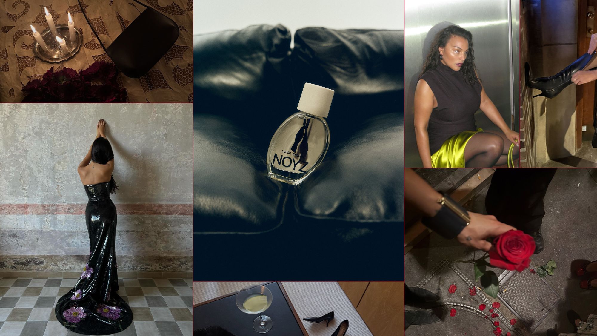 A collage of women wearing black outfits with pops of color and romantic tablescapes, with Noyz's Loose Ends perfume at the center.