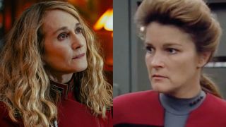 Holly Hunter and Kate Mulgrew in their respective Star Trek roles split image