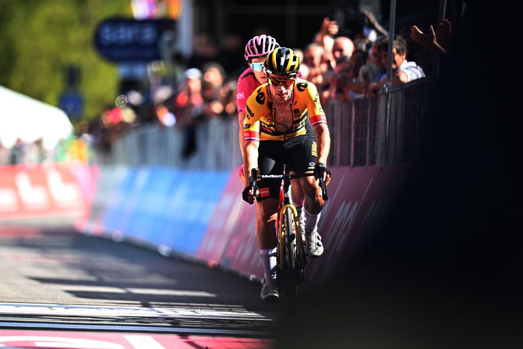 VAL DI ZOLDO PALAFAVERA ITALY MAY 25 Primo Rogli of Slovenia and Team JumboVisma crosses the finish line during the 106th Giro dItalia 2023 Stage 18 a 161km stage from Oderzo to Val di Zoldo Palafavera 1514m UCIWT on May 25 2023 in Val di Zoldo Palafavera Italy Photo by Stuart FranklinGetty Images