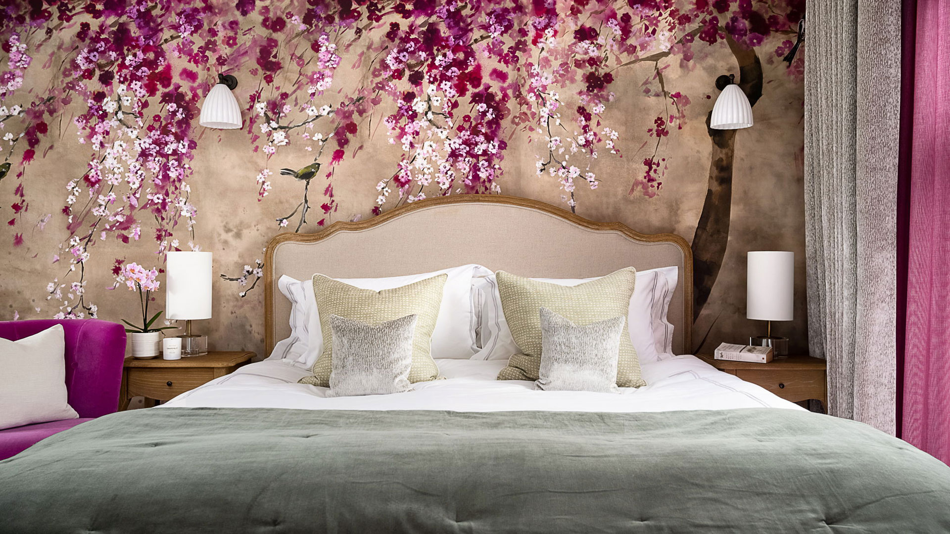pretty bedroom with blossom wall mural