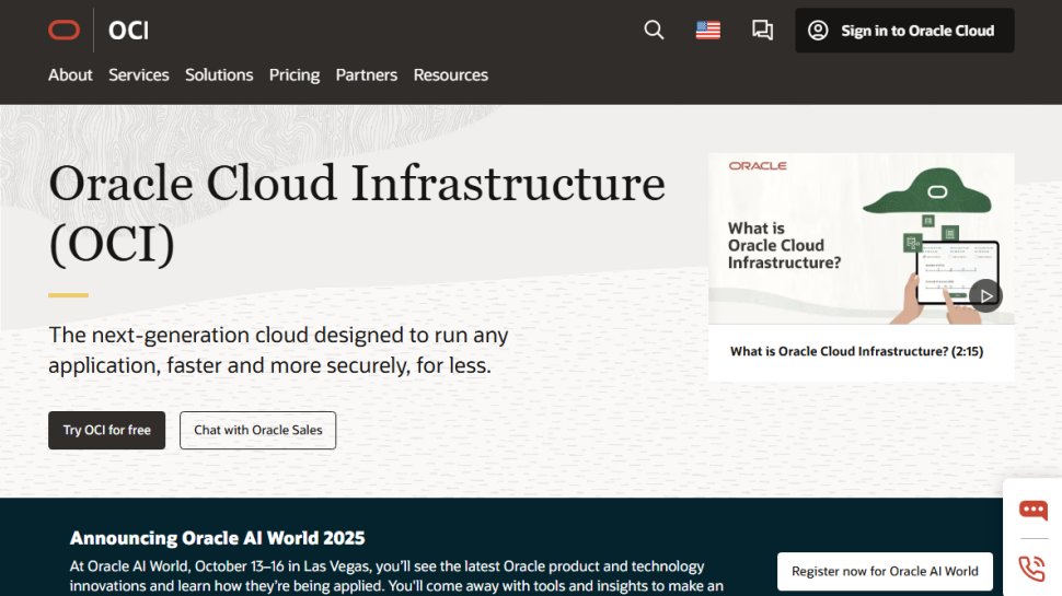 Website screenshot of Oracle Cloud Infrastructure (September, 2025)
