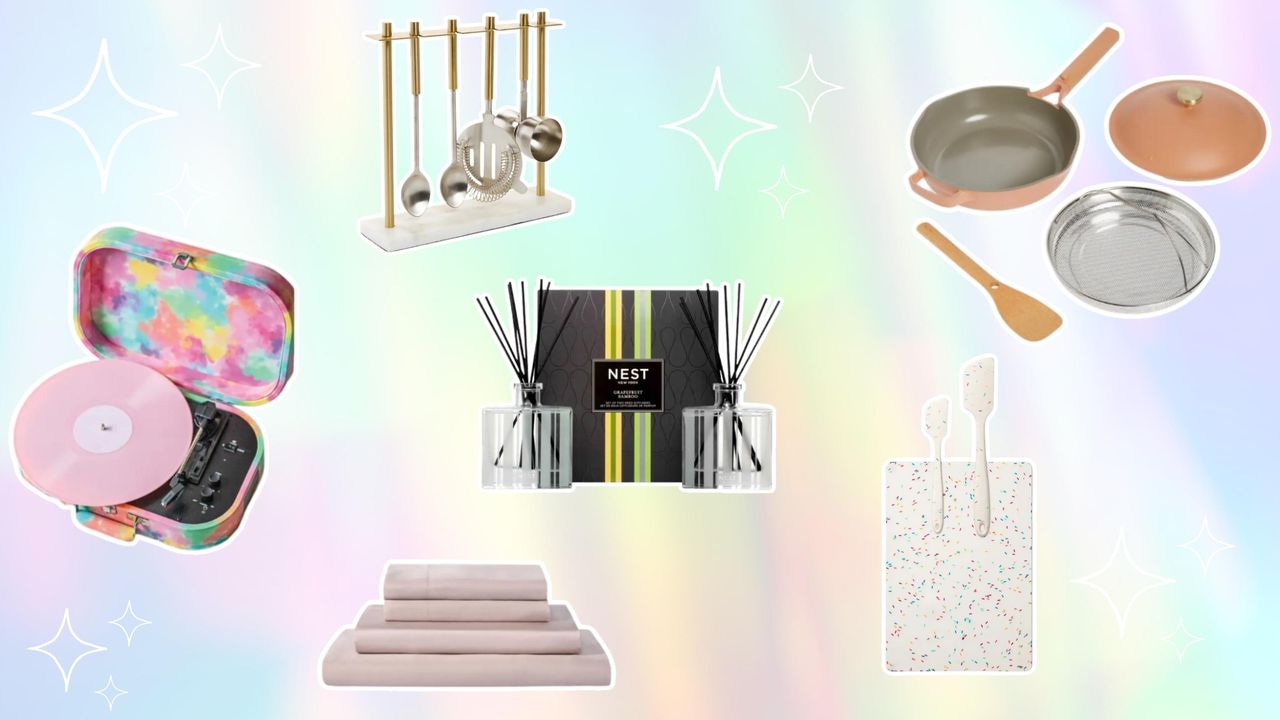 A rainbow background with cut out images of bedding, a pan, and baking tools.