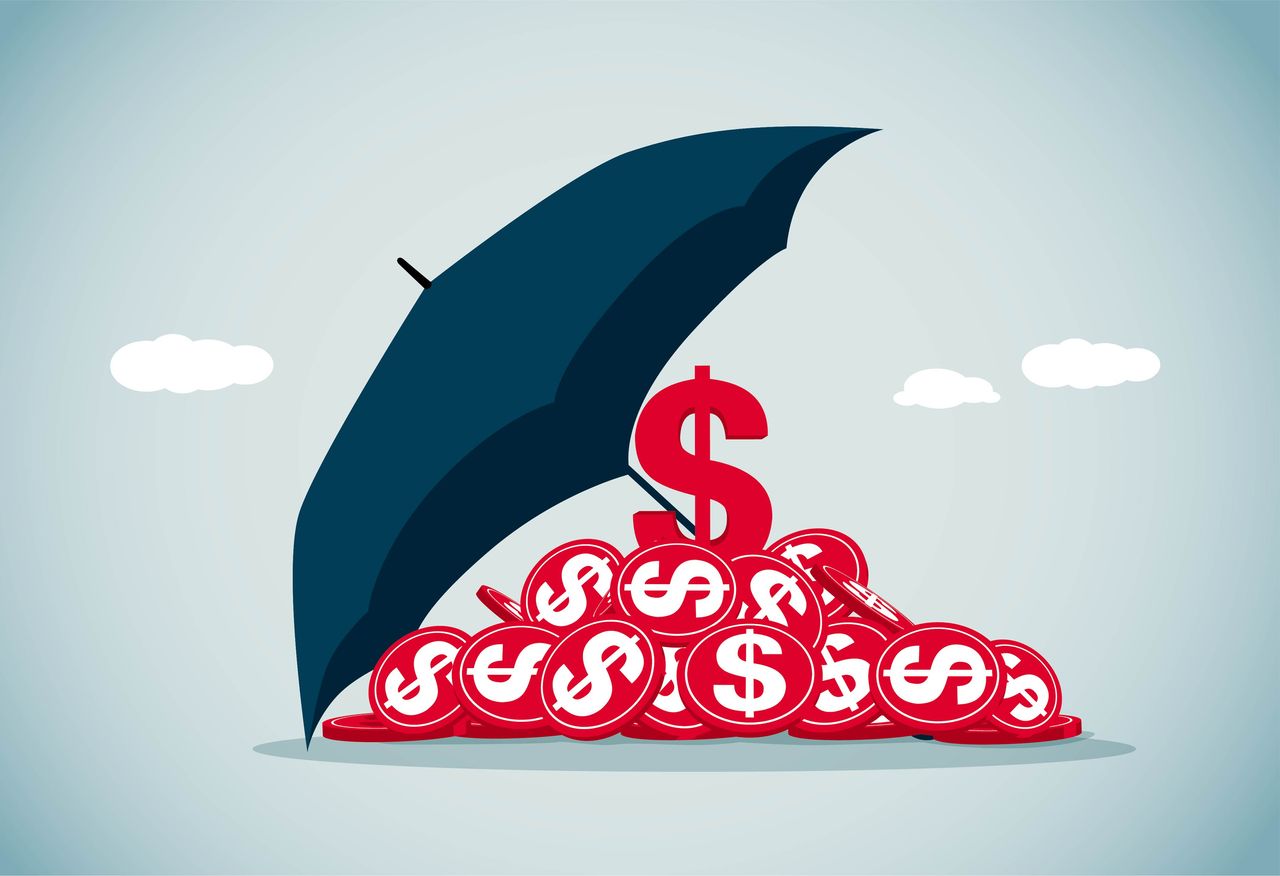 An illustration of an open umbrella propped up over red dollar sign coins and a red dollar sign