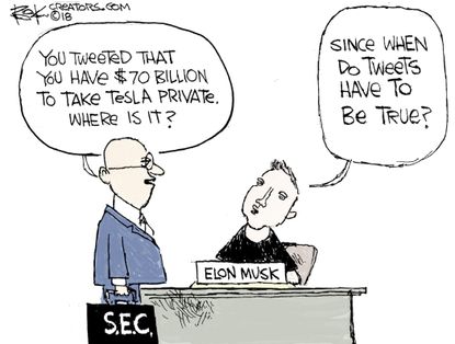 Political cartoon U.S. Elon Musk Tesla private money Trump tweets social media twitter