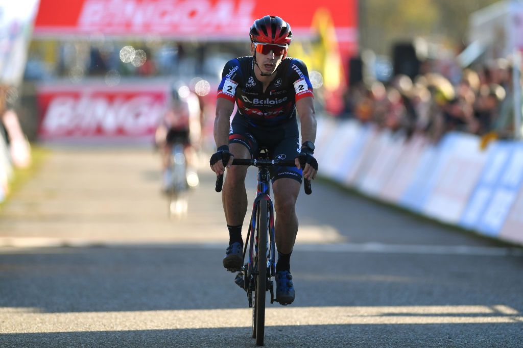 ZONHOVEN BELGIUM OCTOBER 24 Lars Van Der Haar of The Netherlands and Team Baloise Trek Lions crosses the finishing line during the 25th Zonhoven UCI CycloCross Worldcup 2021 Mens Elite CXWorldCup UCIcyclocrossWC zonhoven on October 24 2021 in Zonhoven Belgium Photo by Luc ClaessenGetty Images