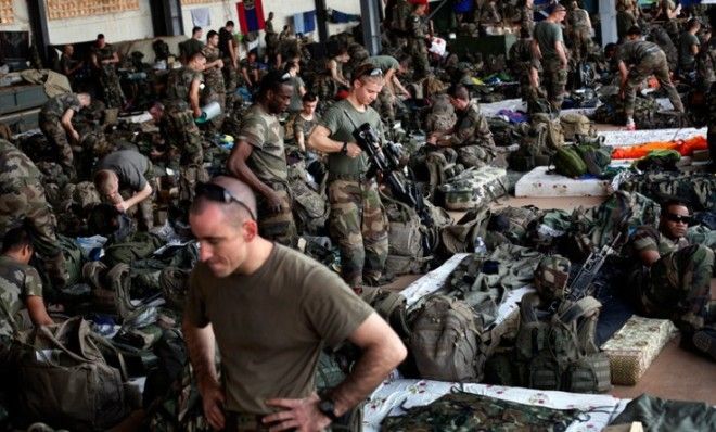 French troops gather in a hangar at the airport in Bamako, the capital of Mali, Jan. 15.