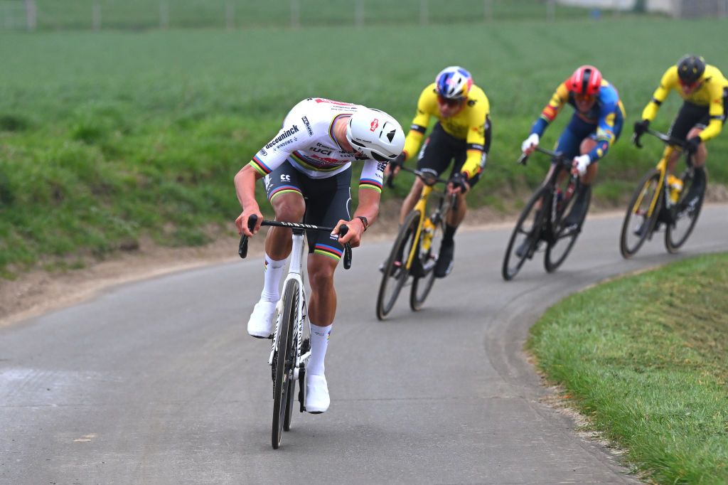 HARELBEKE BELGIUM MARCH 22 Mathieu van der Poel of The Netherlands and Team Alpecin Deceuninck attacks during the 67th E3 Saxo Bank Classic Harelbeke 2024 a 2076km one day race from Harelbeke to Harelbeke UCIWT on March 22 2024 in Harelbeke Belgium Photo by Tim de WaeleGetty Images