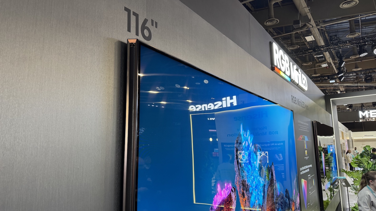 The Hisense 116UXS 116-inch RGB Mini LED TV, pictured on a stand at CES 2026