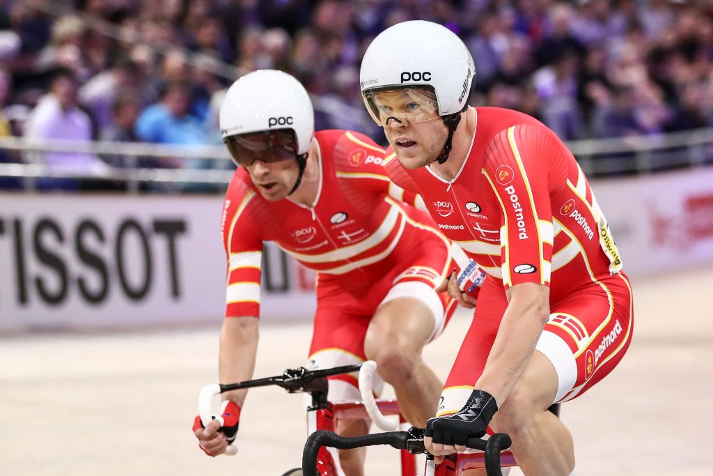 Lasse Norman Hansen and Michael Mørkøv in action at the 2020 track world championships