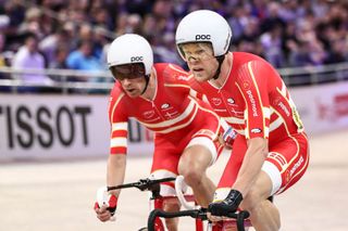 Lasse Norman Hansen and Michael Mørkøv in action at the 2020 track world championships