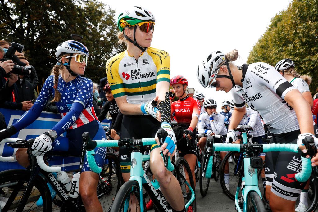 ROUBAIX FRANCE OCTOBER 02 LR Lauren Stephens of United States and Team TIBCO Silicon Valley Bank Sarah Roy of Australia and Team BikeExchange and Georgia Williams of New Zealand and Team BikeExchange prepare for the race prior to the 1st ParisRoubaix 2021 Womens Elite a 1164km race from Denain to Roubaix ParisRoubaixFemmes ParisRoubaix on October 02 2021 in Roubaix France Photo by Bas CzerwinskiGetty Images