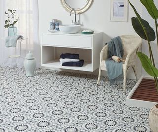 white and black pattered floor tile in bathroom