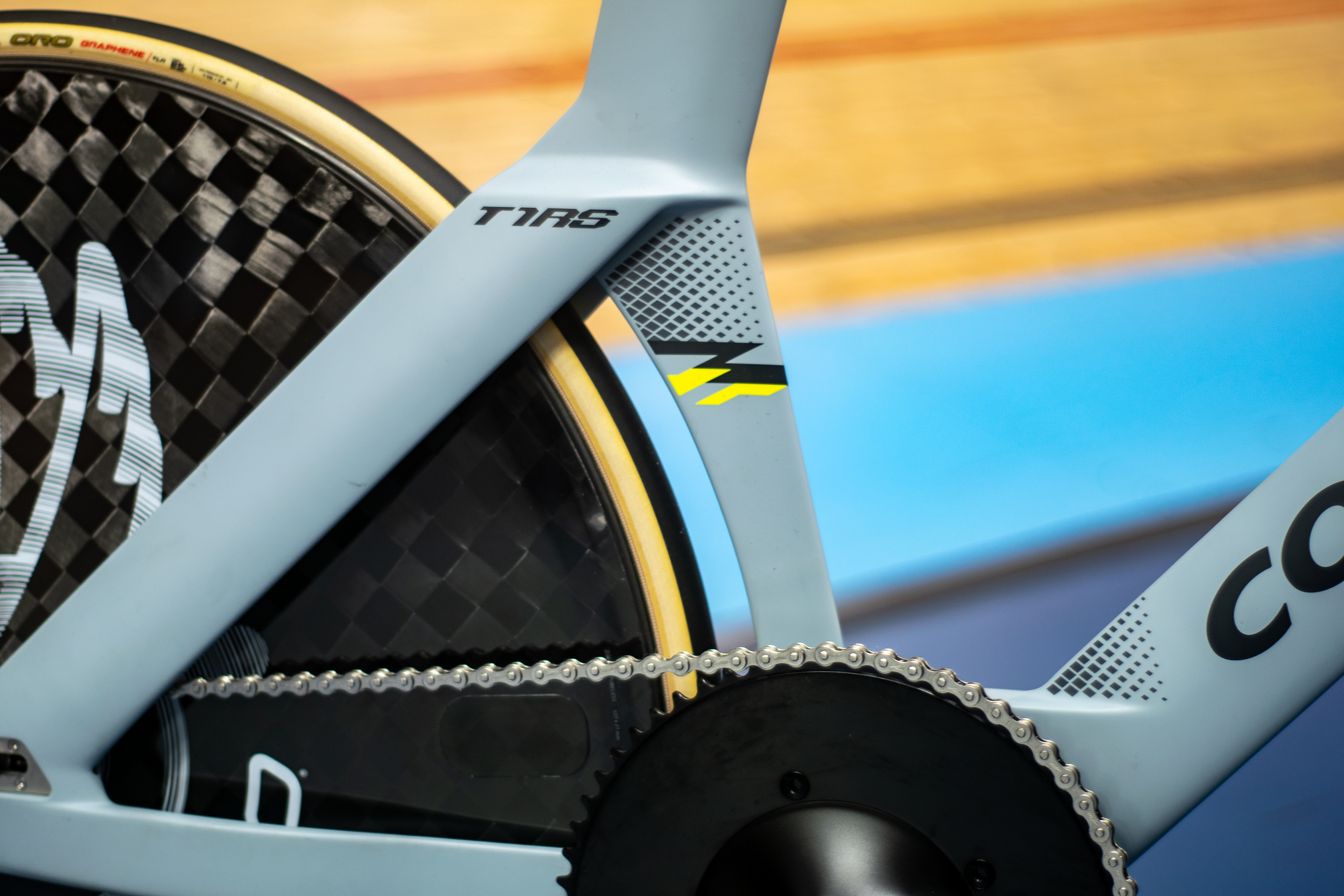 A Colnago T1RS track bike in a velodrome