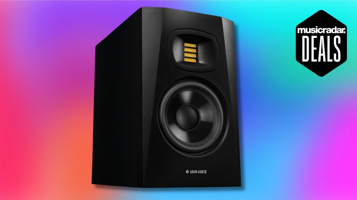 An Adam Audio T5V studio monitor on a colourful background