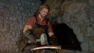 Crimson Desert Refinement Tokens: Turnali, the Hernand blacksmith, hitting a sheet of metal with his hammer next to his forge.