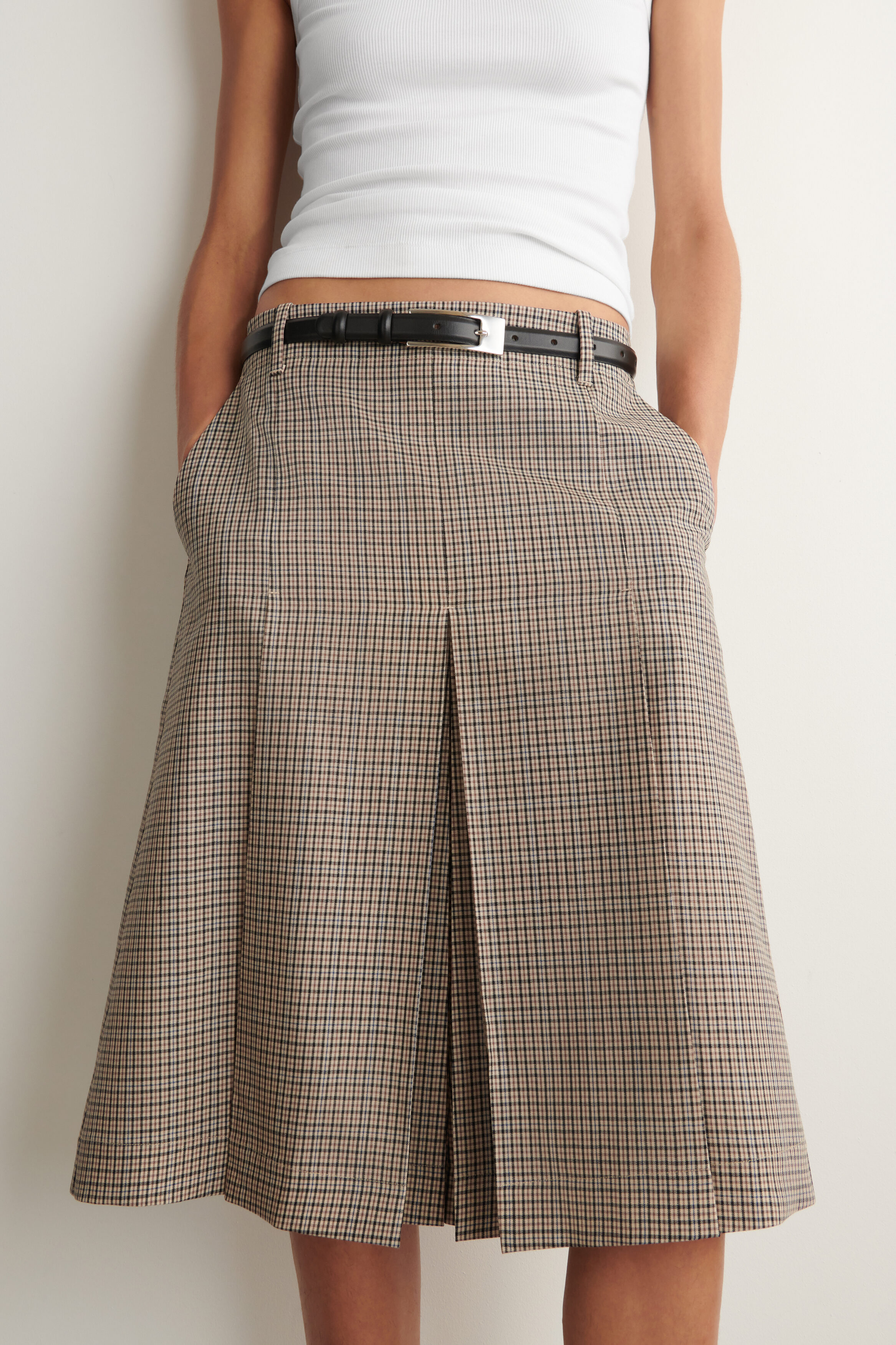 Box-Pleat Checked Wool Midi Skirt