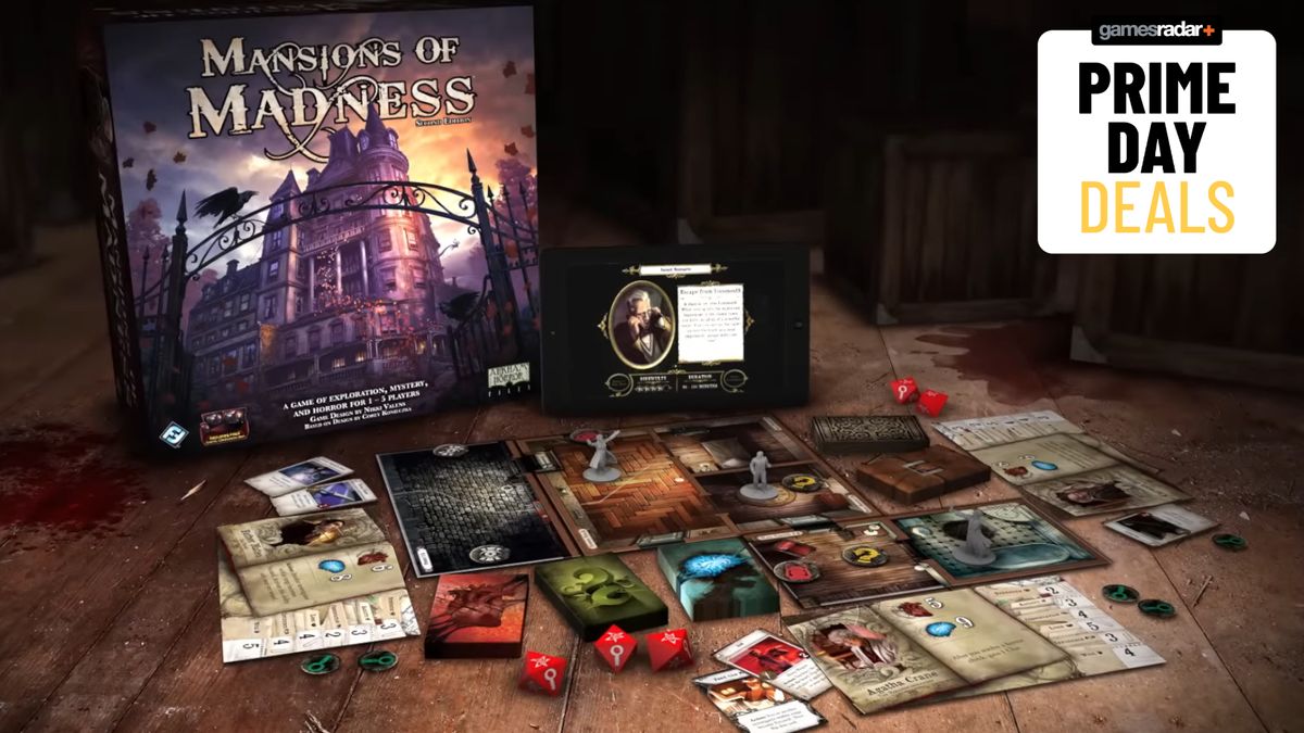 Mansions of Madness box, board, cards, tokens, and items laid out on a wooden table beside a tablet showing the game&#039;s app, with a &#039;Prime Day deals&#039; badge in the top right-hand corner of the frame