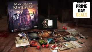 Mansions of Madness box, board, cards, tokens, and items laid out on a wooden table beside a tablet showing the game's app, with a 'Prime Day deals' badge in the top right-hand corner of the frame