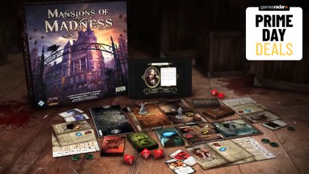 Mansions of Madness box, board, cards, tokens, and items laid out on a wooden table beside a tablet showing the game's app, with a 'Prime Day deals' badge in the top right-hand corner of the frame