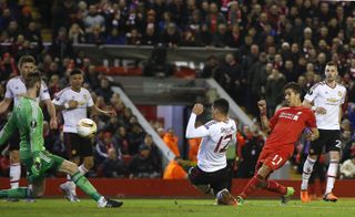 Roberto Firmino, second right, fires Liverpool towards victory over Manchester United in 2016