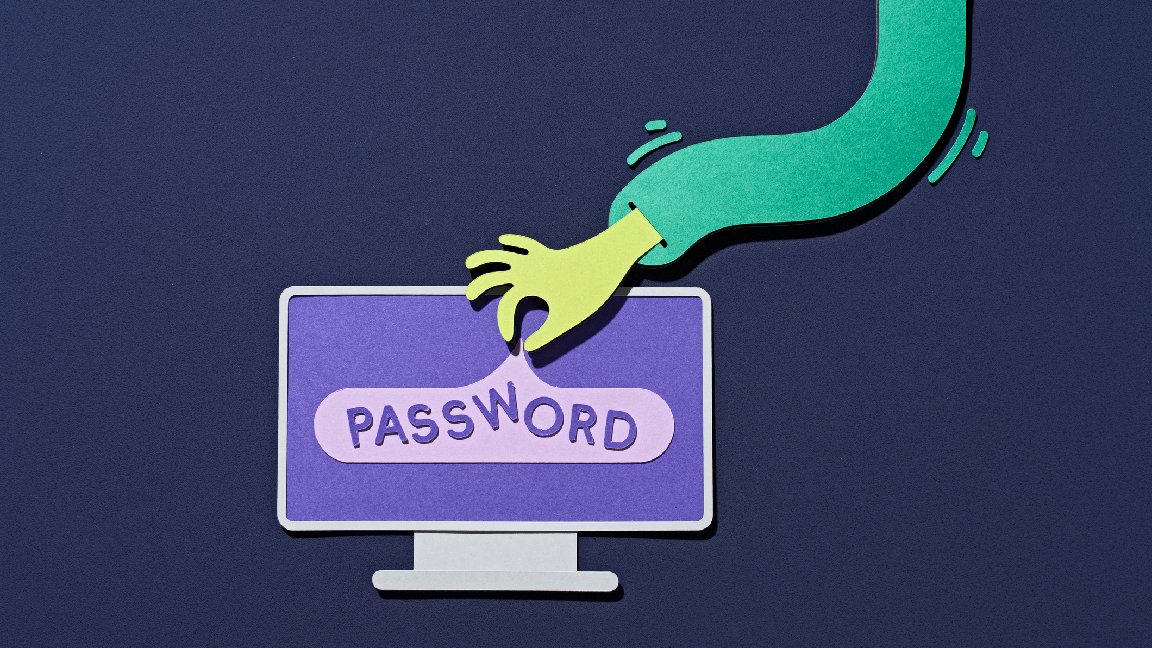 An illustration featuring a noodly arm reaching down and plucking a speech bubble containing the word &#039;password&#039; from a computer screen.