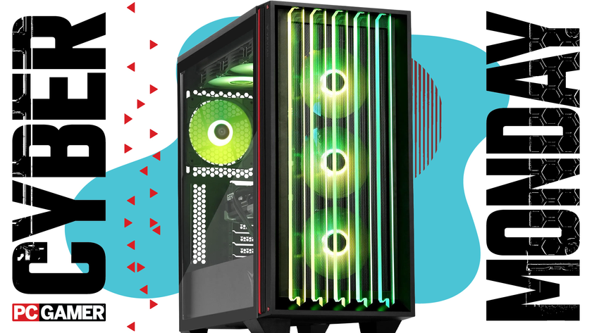 A gaming PC on a blue Cyber Monday background.