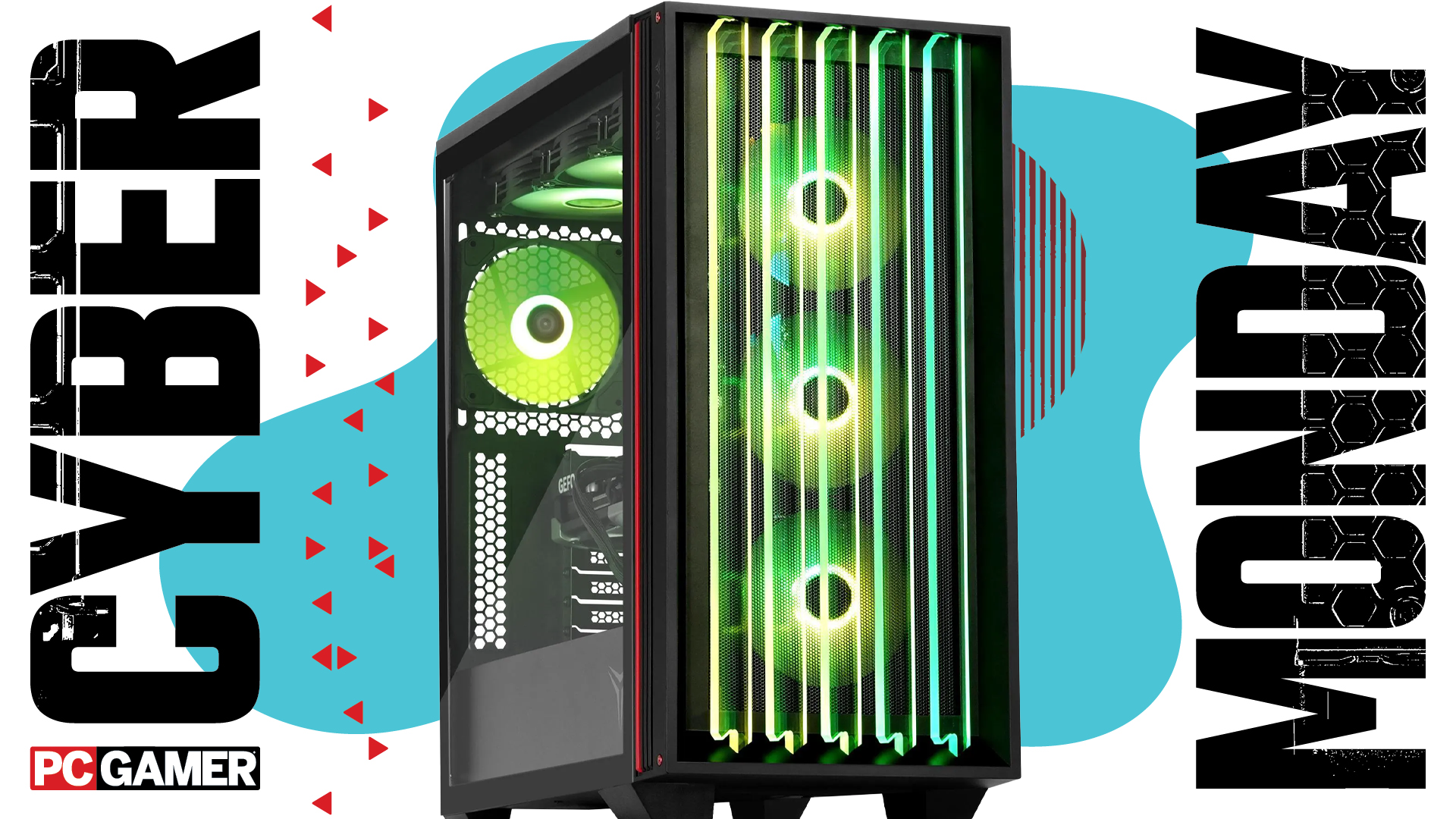 A gaming PC on a blue Cyber Monday background.